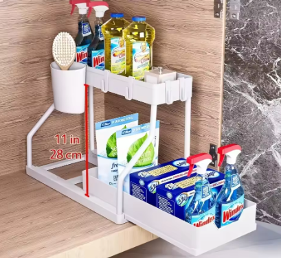 2 Tier Slide Out Under Sink Organizer with Hooks Large Capacity Space Saving Storage Rack for Kitchen Bathroom Cabinet Durable