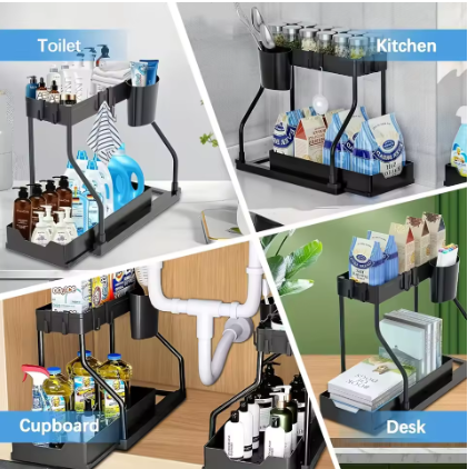 2 Tier Slide Out Under Sink Organizer with Hooks Large Capacity Space Saving Storage Rack for Kitchen Bathroom Cabinet Durable