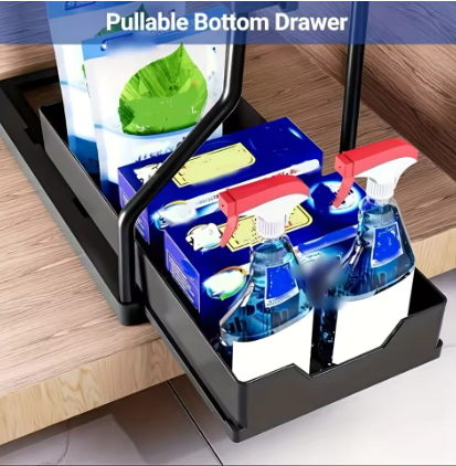 2 Tier Slide Out Under Sink Organizer with Hooks Large Capacity Space Saving Storage Rack for Kitchen Bathroom Cabinet Durable