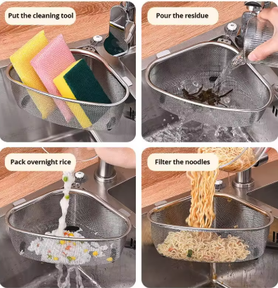 1pc Sink Triangle Drain Basket Stainless Steel Kitchen Residue Filter Net Basket Leakage Wash Vegetable Basket Storage Shelf